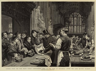 Kruimels van de tafel van de rijke man, voedsel uitdelen aan de armen in Guildhall na het banket van de Lord Mayor door Adrien Emmanuel Marie